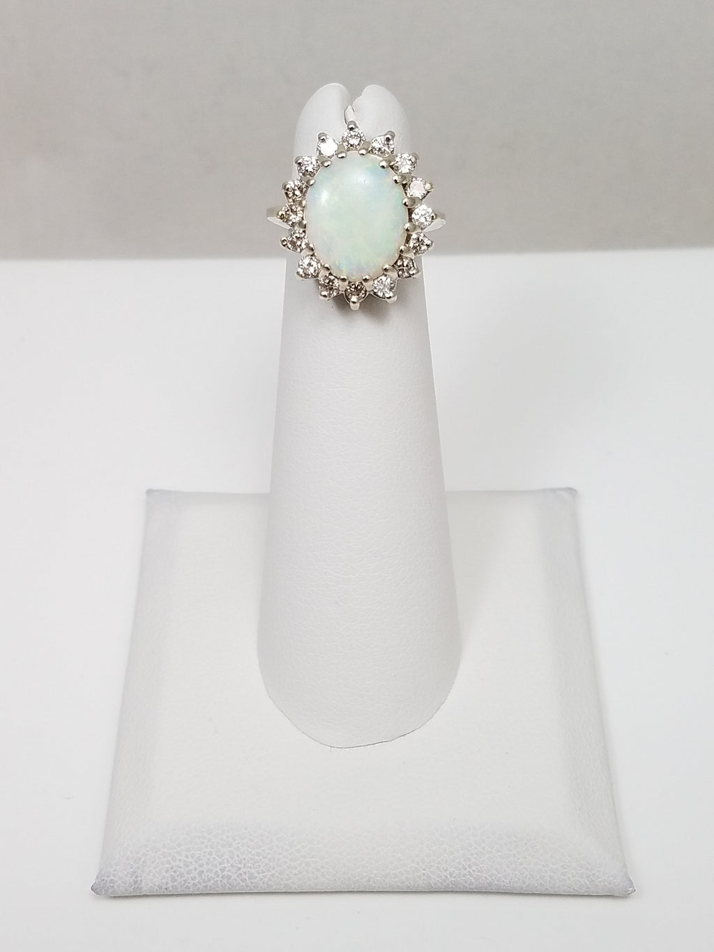 Elegant Natural Australian Opal Diamond Halo 14k White Gold Ring
