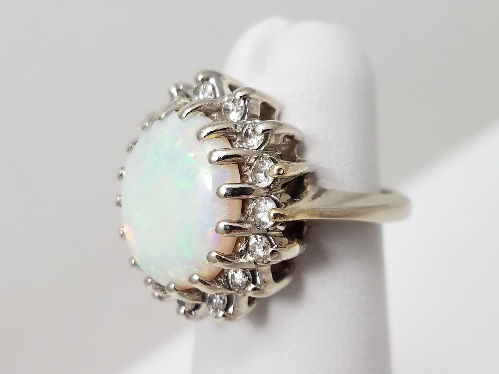Elegant Natural Australian Opal Diamond Halo 14k White Gold Ring