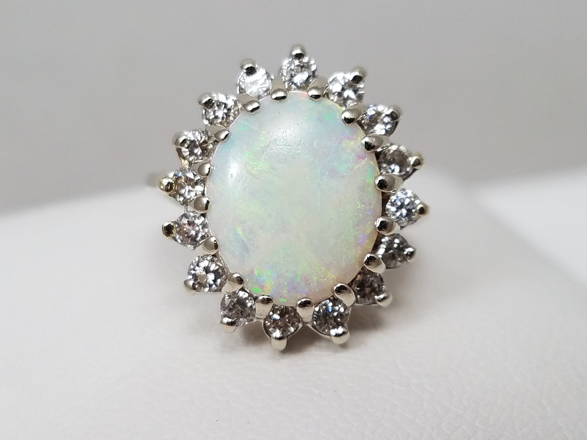 Elegant Natural Australian Opal Diamond Halo 14k White Gold Ring