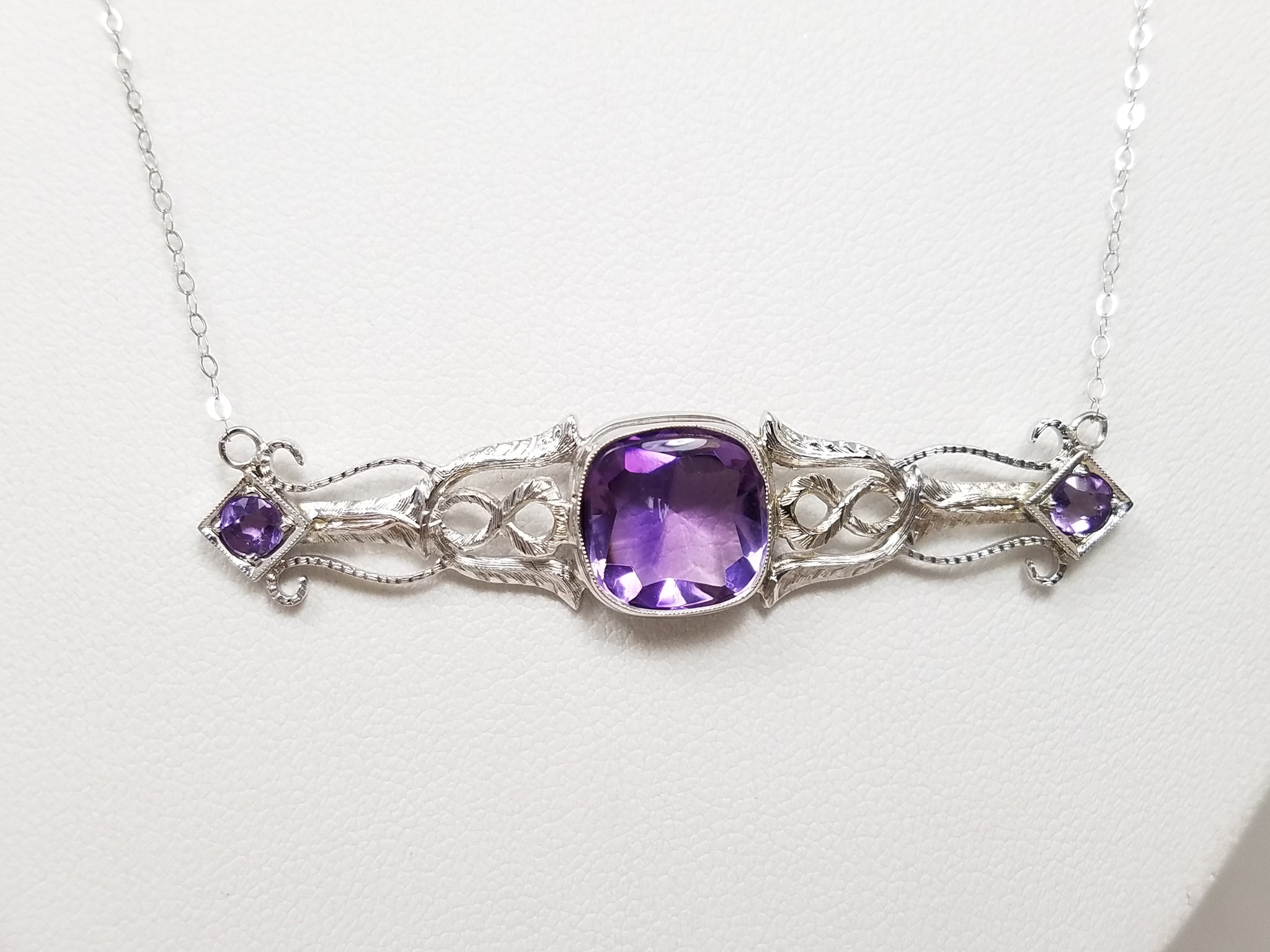 *To Restore* Vintage 14k White Gold Natural Amethyst Pendant Necklace