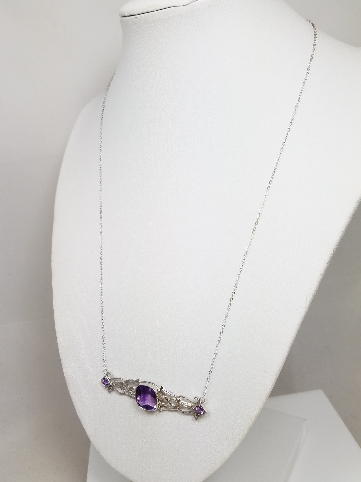 *To Restore* Vintage 14k White Gold Natural Amethyst Pendant Necklace