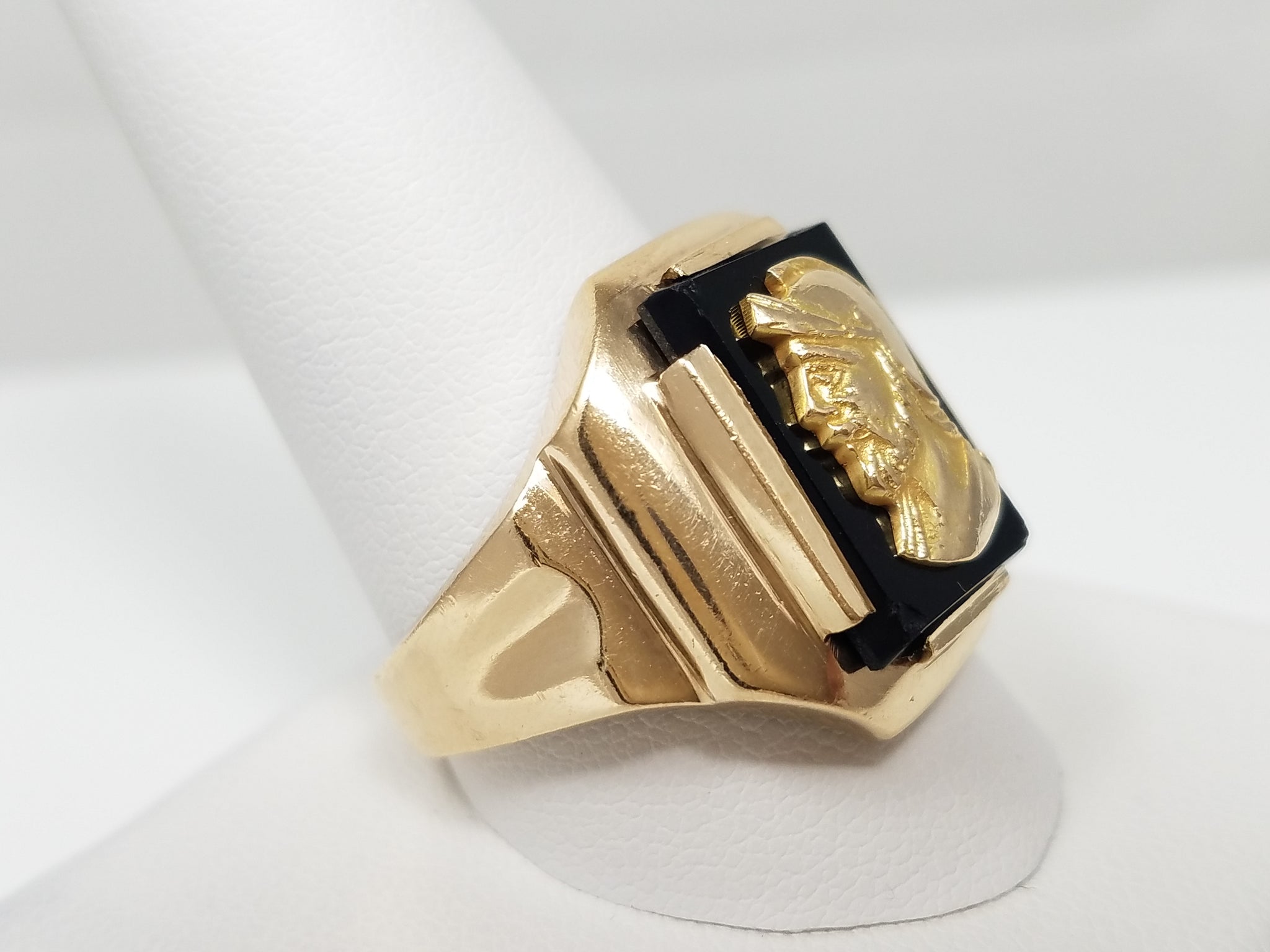 Men's Dapper Vintage Natural Black Onyx 10k Yellow Gold Soldier Ring