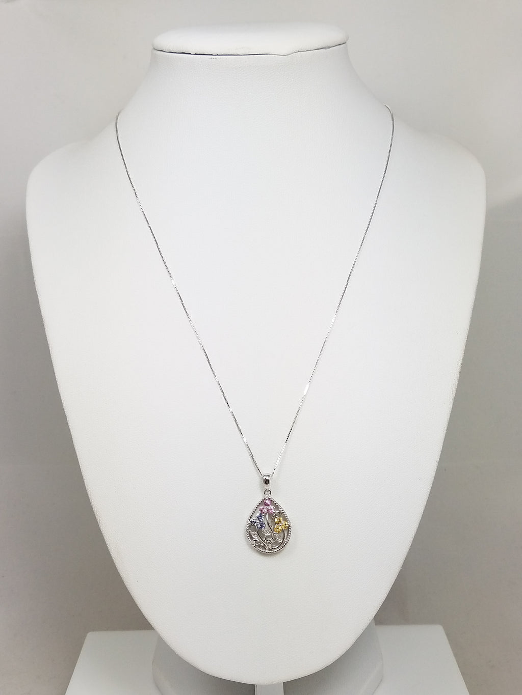 10k White Gold Lab Rainbow Gem Natural Diamond Pendant Necklace