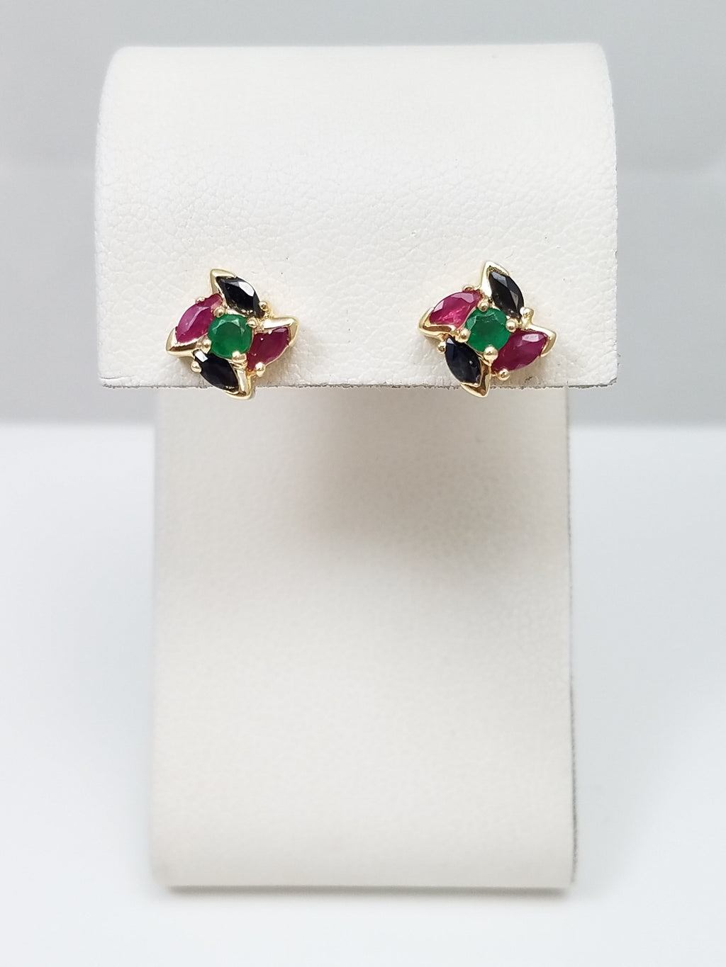 Petite 14k Yellow Gold Natural Ruby, Sapphire, Emerald Stud Earrings