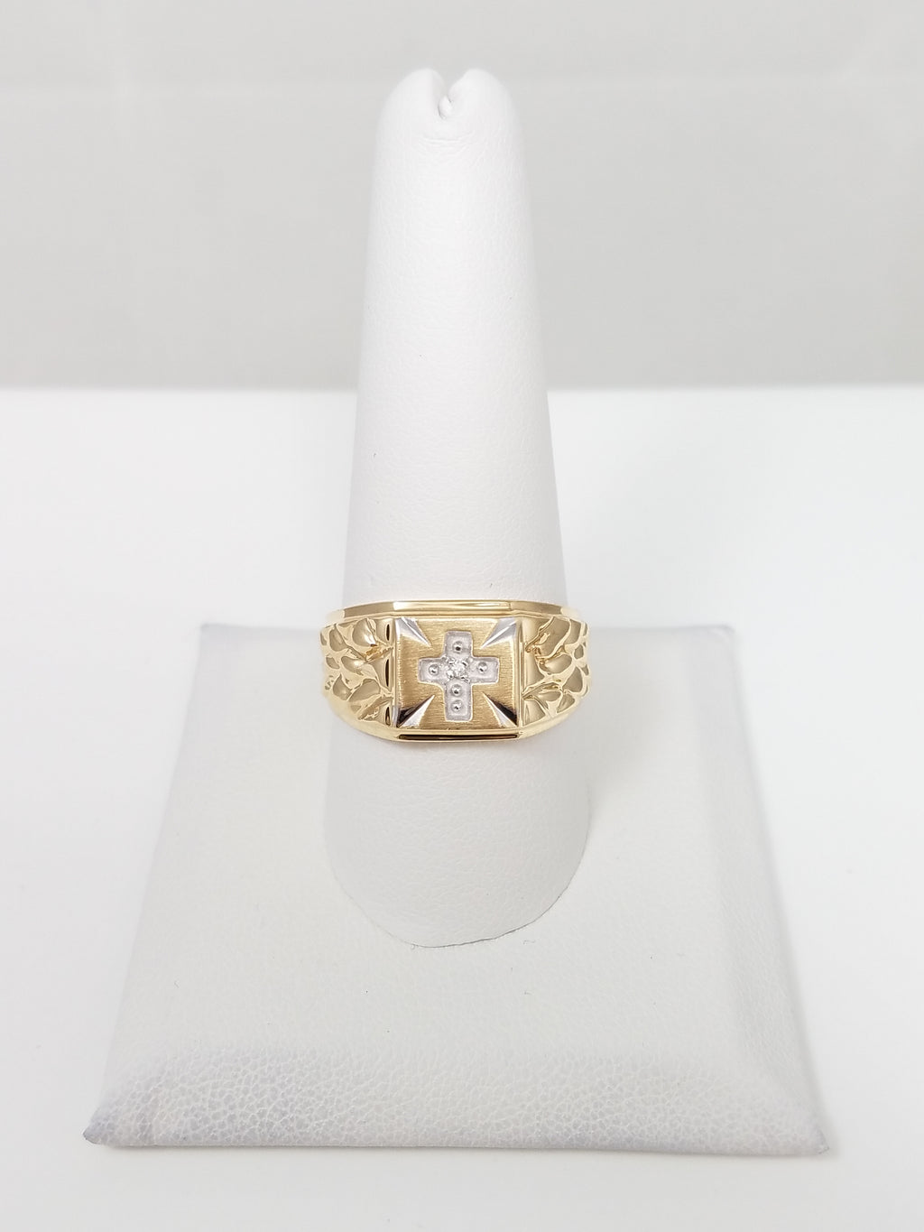 Men's 10k Two Tone Gold Nugget Diamond Cross Ring