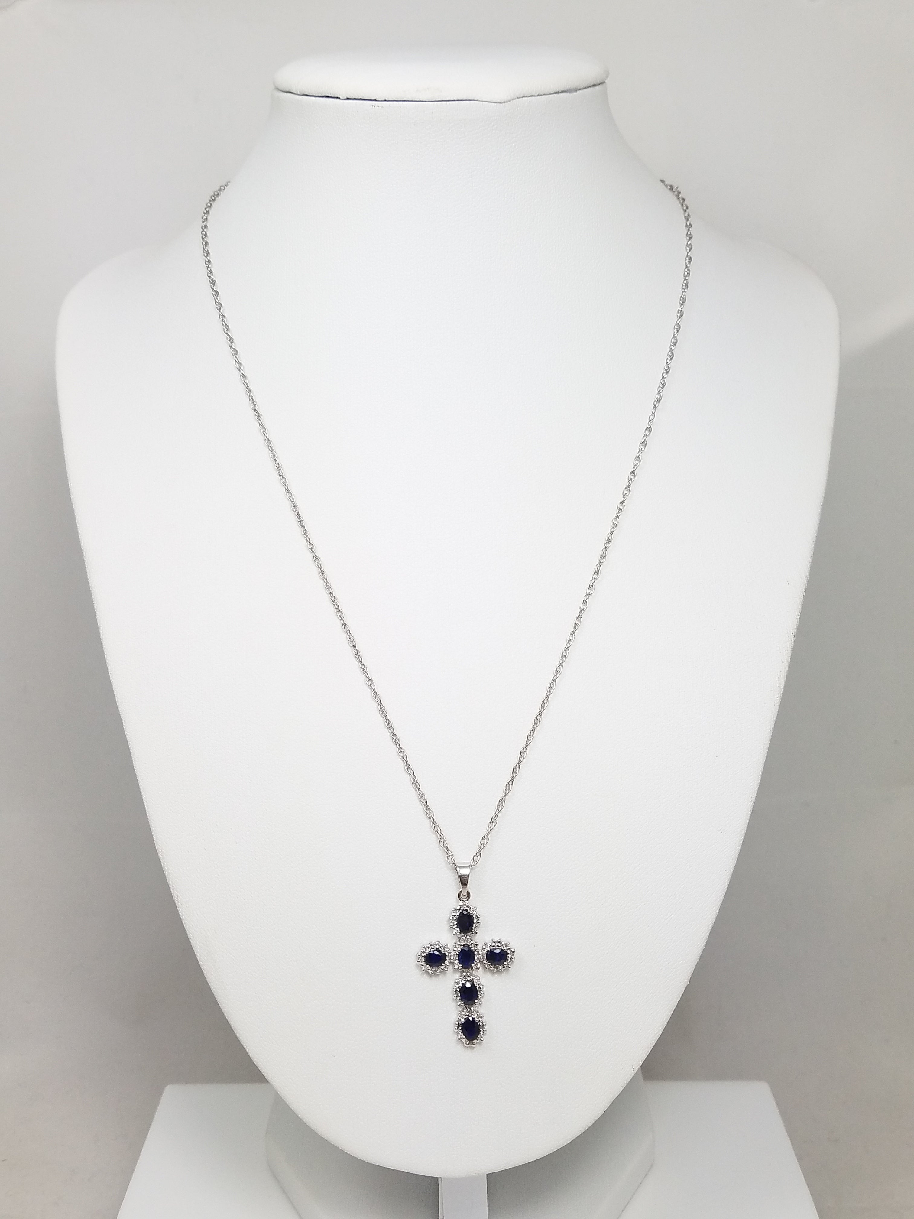 Natural Sapphire + Diamond 14k White Gold Cross Pendant 18