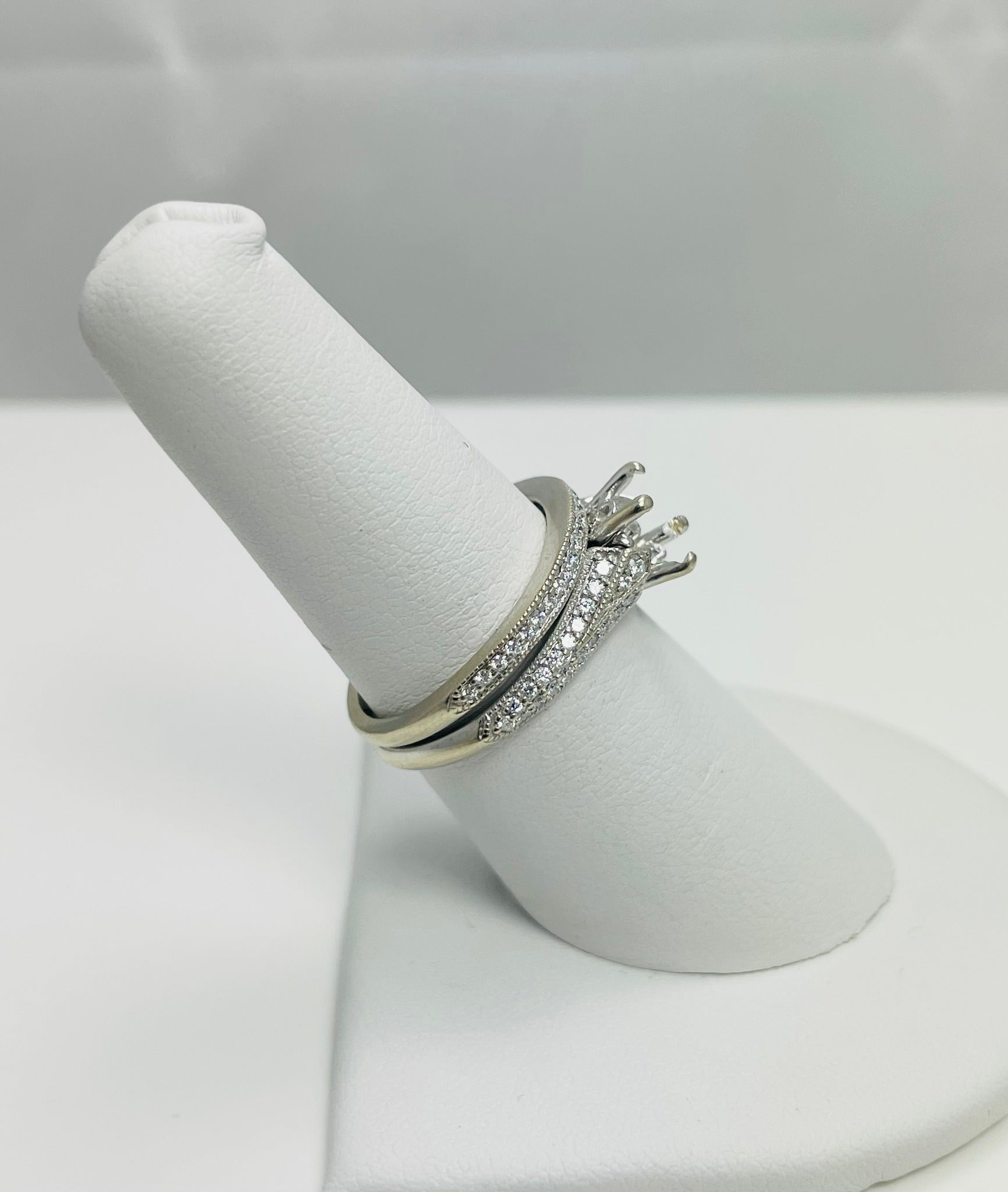 Elegant Natural Diamond 14k White Gold Art Carved Engagement Ring
