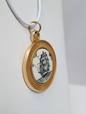 Unique Scrimshaw Tall Ship Carving 14k Yellow Gold Pendant