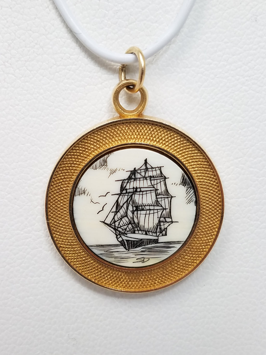 Unique Scrimshaw Tall Ship Carving 14k Yellow Gold Pendant