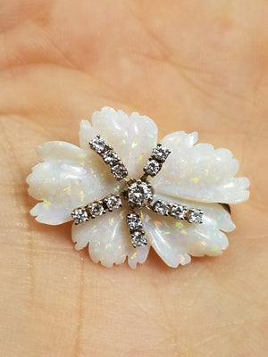 Wow! Carved Natural Australian Opal Diamond 14k White Gold Pendant
