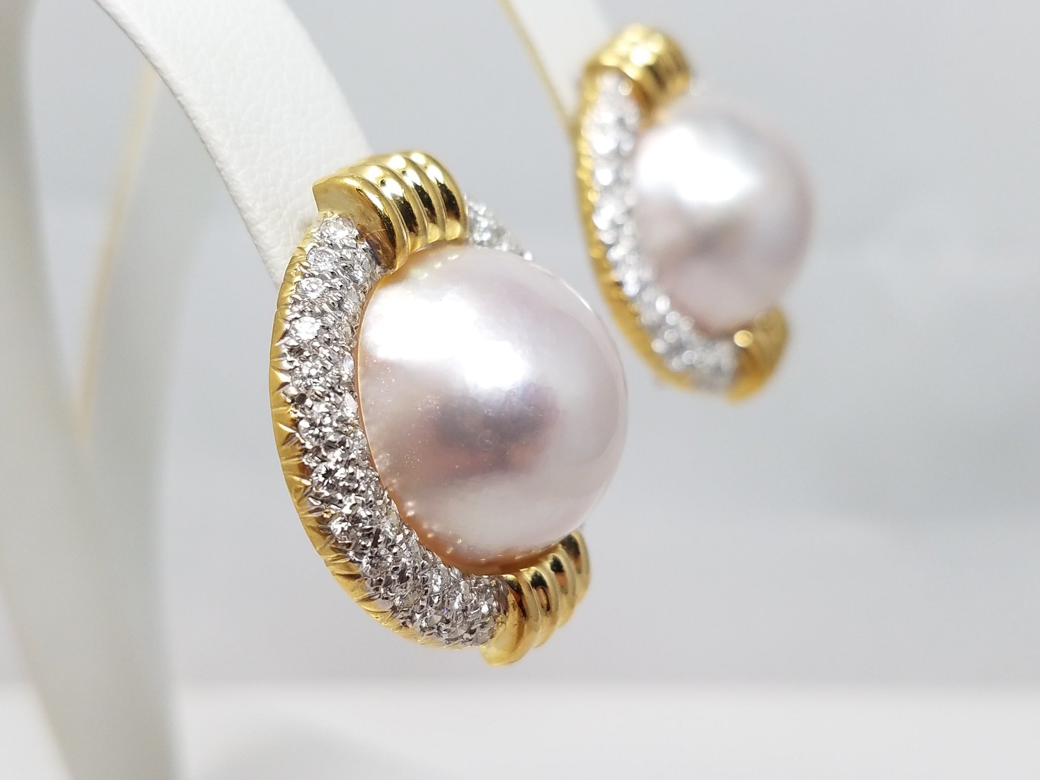 Magical 1ctw Natural Diamond 18k Gold Mabe Pearl Earrings