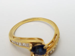 Enchanting 18k Yellow Gold Cubic Zirconia Natural Sapphire Diamond Toi Et Moi Ring