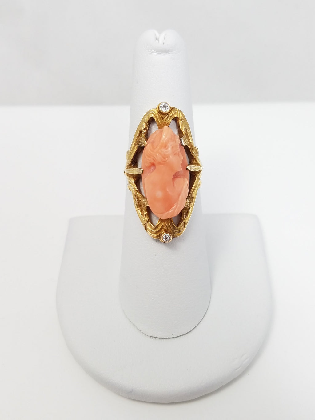 Vintage Art Nouveau 14k Gold Coral Cameo Diamond Ring