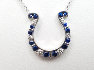 15.75" Natural Sapphire Diamond 14k White Gold Horseshoe Necklace