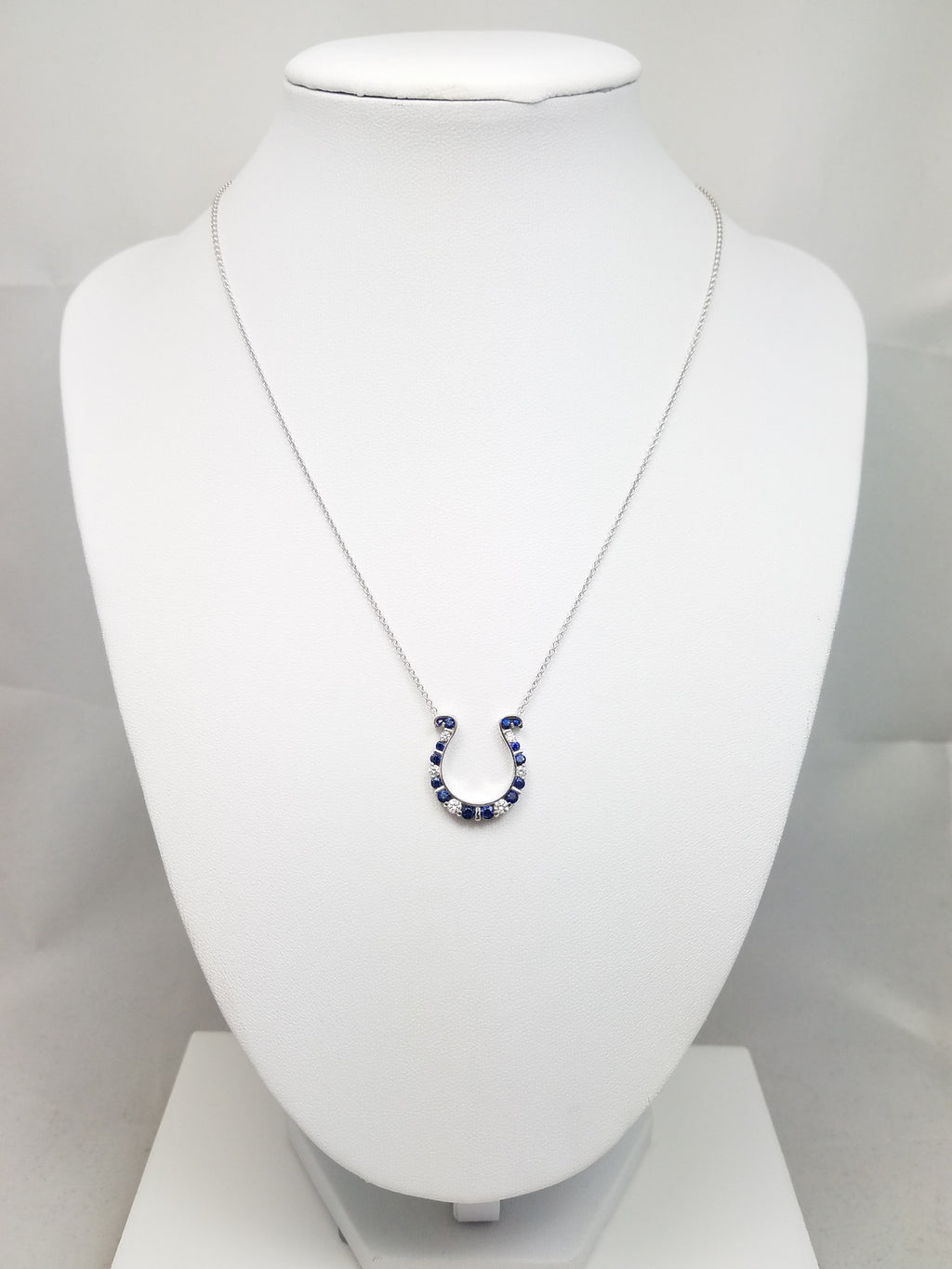 15.75" Natural Sapphire Diamond 14k White Gold Horseshoe Necklace