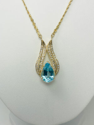 Exquisite Solid 14k Yellow Gold 7.35ctw Natural Blue Topaz & Natural Diamond Pendant 16.25" Necklace