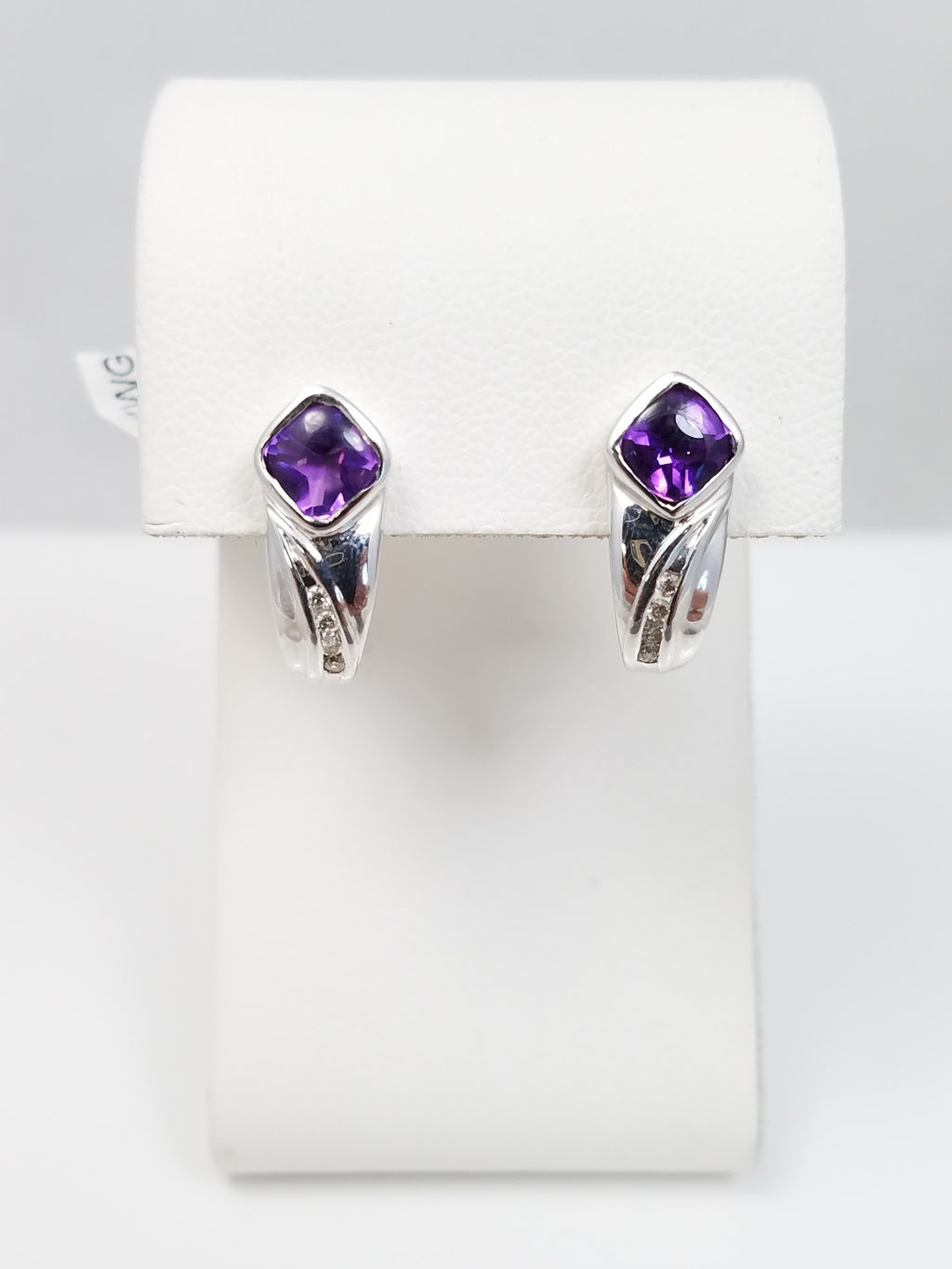 New from Store Closing! 14k White Gold Natural Amethyst + Diamond Huggie Earrings