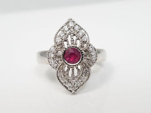 Vintage Inspired Natural Ruby + Diamond 14k White Gold Ring