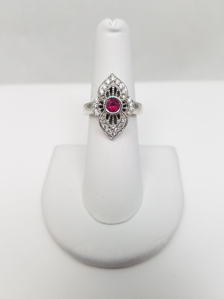 Vintage Inspired Natural Ruby + Diamond 14k White Gold Ring