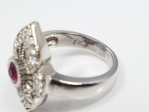 Vintage Inspired Natural Ruby + Diamond 14k White Gold Ring