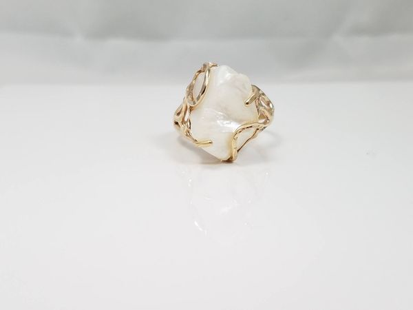 Free Form 14k Yellow Gold Natural River Pearl Ring