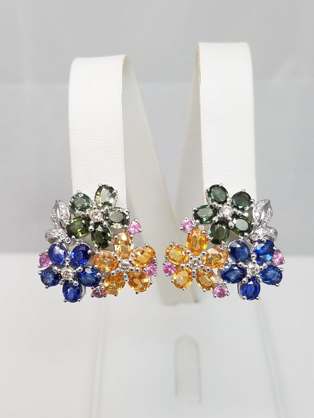 Colorful Natural Sapphire + Diamond 18k White Gold Flower Earrings