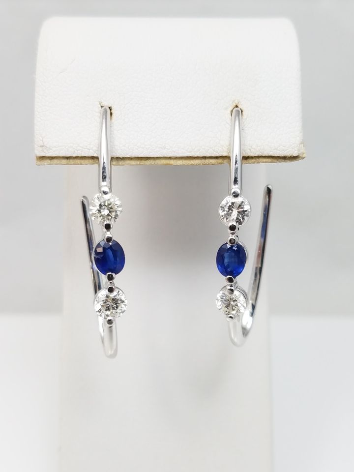 Elegant Long 14k White Gold Natural Sapphire Diamond Dangle Earrings