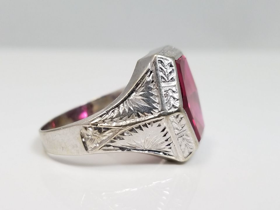 Art Deco 1930's Synthetic Red Gemstone 14k White Gold Ring