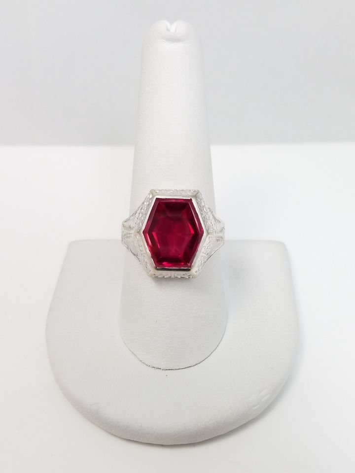 Art Deco 1930's Synthetic Red Gemstone 14k White Gold Ring