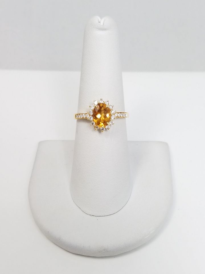 Golden Natural Citrine + Diamond 18k Yellow Gold Ring