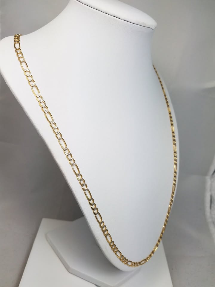 Stylish 26" Solid 14k Two Tone Gold Diamond Cut Figaro Link Chain