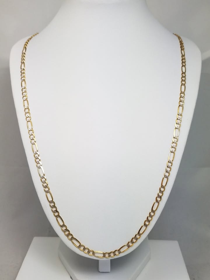 Stylish 26" Solid 14k Two Tone Gold Diamond Cut Figaro Link Chain