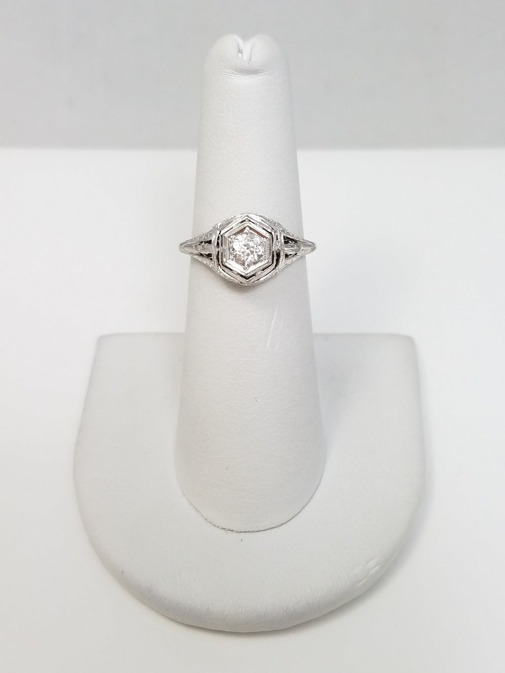 Classic Early 1900's Edwardian 18k White Gold European Cut Glass Engagement Ring