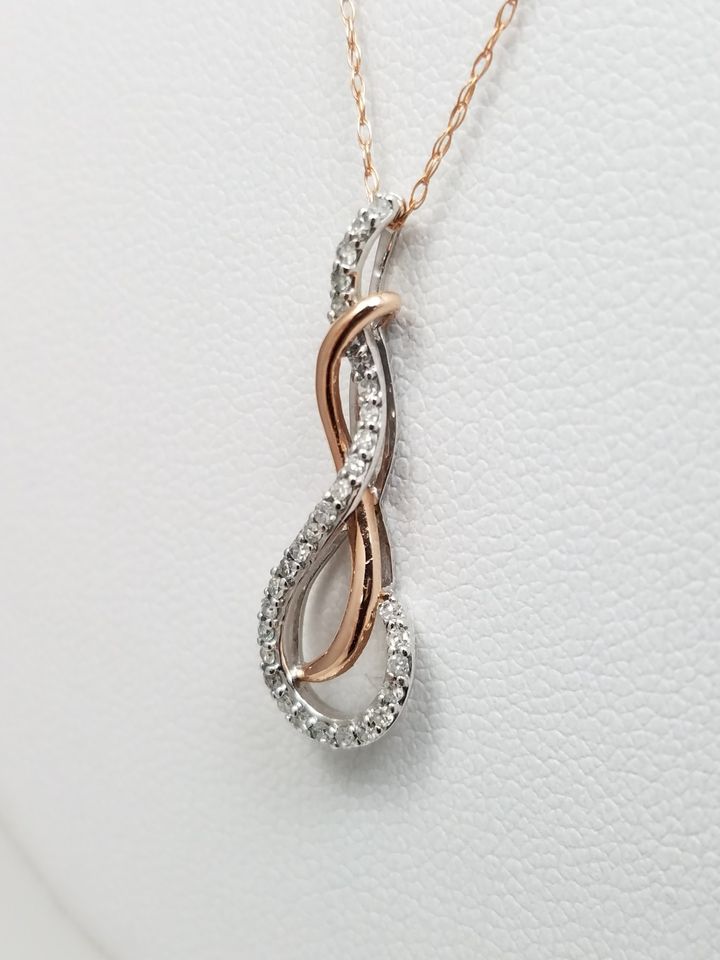 Sparkling 10k Rose + White Gold Diamond Swirl Pendant Necklace