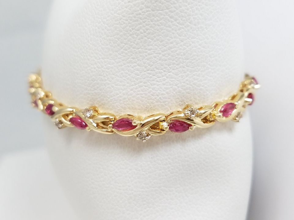 Elegant 7.25" 14k Yellow Gold Natural Ruby Diamond Custom Bracelet