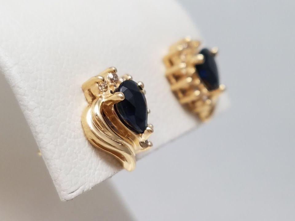 Classy Natural Sapphire + Diamond 14k Yellow Gold Earrings