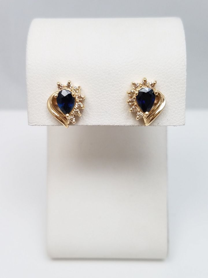 Classy Natural Sapphire + Diamond 14k Yellow Gold Earrings