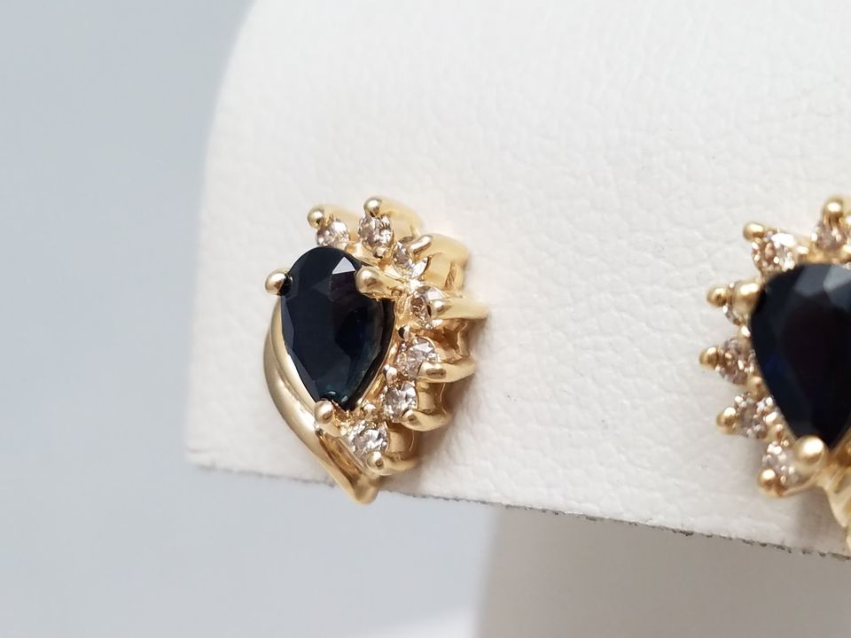 Classy Natural Sapphire + Diamond 14k Yellow Gold Earrings