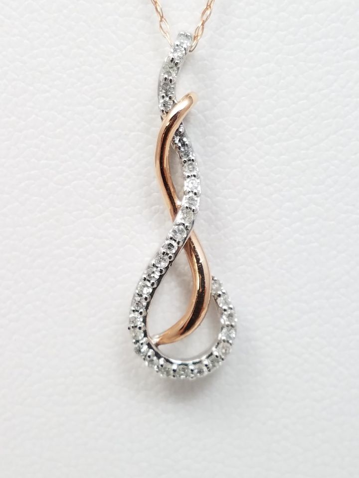 Sparkling 10k Rose + White Gold Diamond Swirl Pendant Necklace