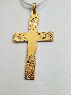 18k Yellow Gold Hand Engraved Cross Pendant