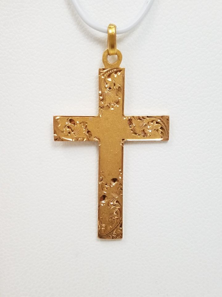 18k Yellow Gold Hand Engraved Cross Pendant