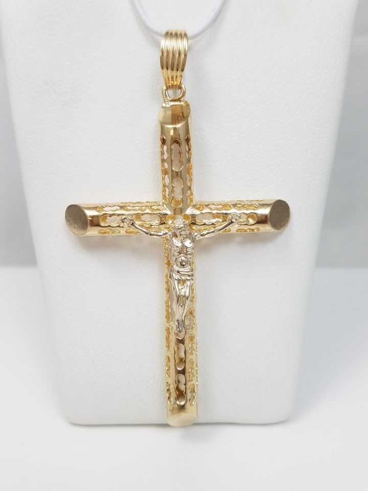 Divine Hollow 3D 8k Two Tone Gold Crucifix Cross Pendant