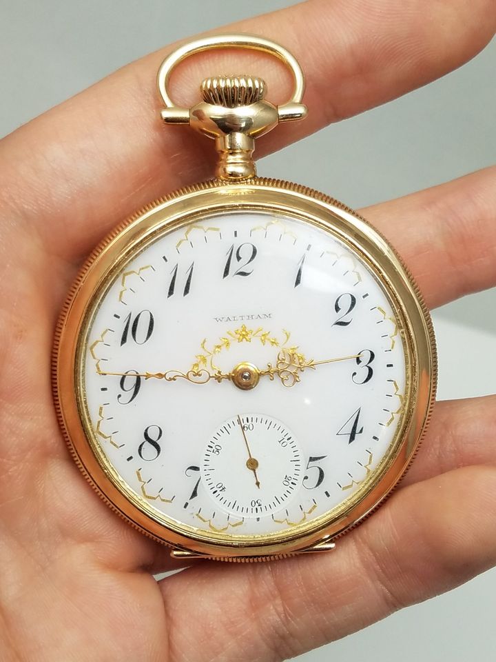 Stunning 1908 Waltham 14k Yellow Gold Open Face Pocket Watch