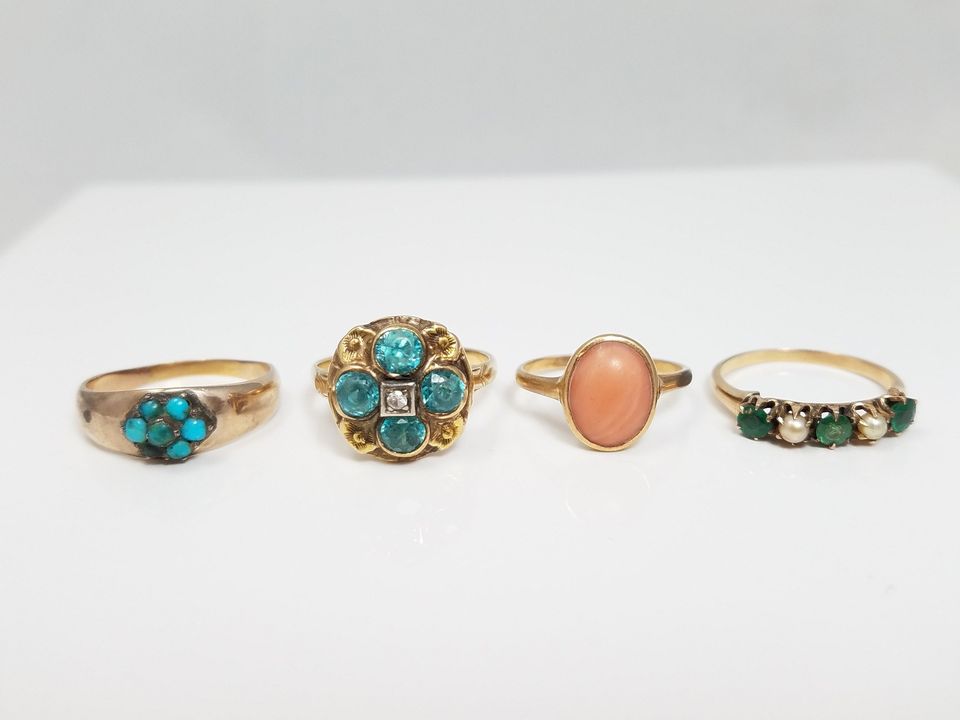 Four Vintage 7k-9k Yellow Gold Natural Gemstone Rings To Restore