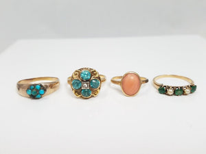 Four Vintage 7k-9k Yellow Gold Natural Gemstone Rings To Restore