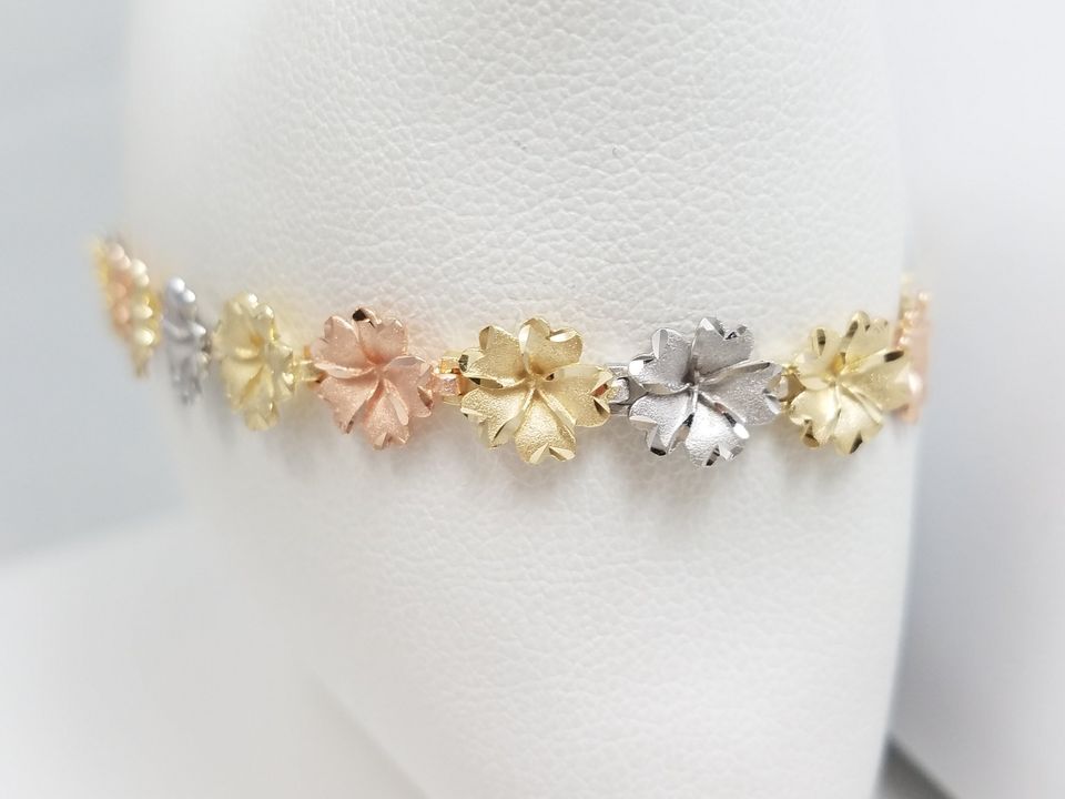 Colorful 8" 14k Tri Color Gold Plumeria Bracelet