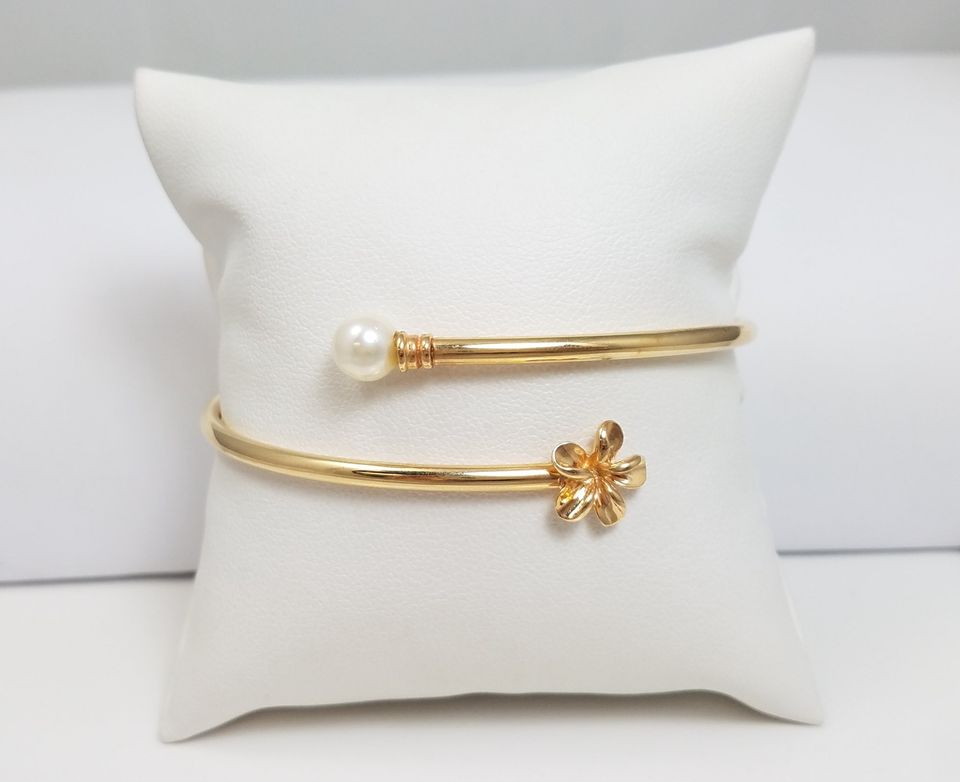 Na Hoku Plumeria Flower + Pearl 14k Yellow Gold Open Bangle Bracelet