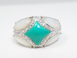 Luxurious 14k White Gold Natural Turquoise Mother Of Pearl Natural Diamond Custom Ring