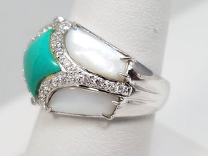 Luxurious 14k White Gold Natural Turquoise Mother Of Pearl Natural Diamond Custom Ring