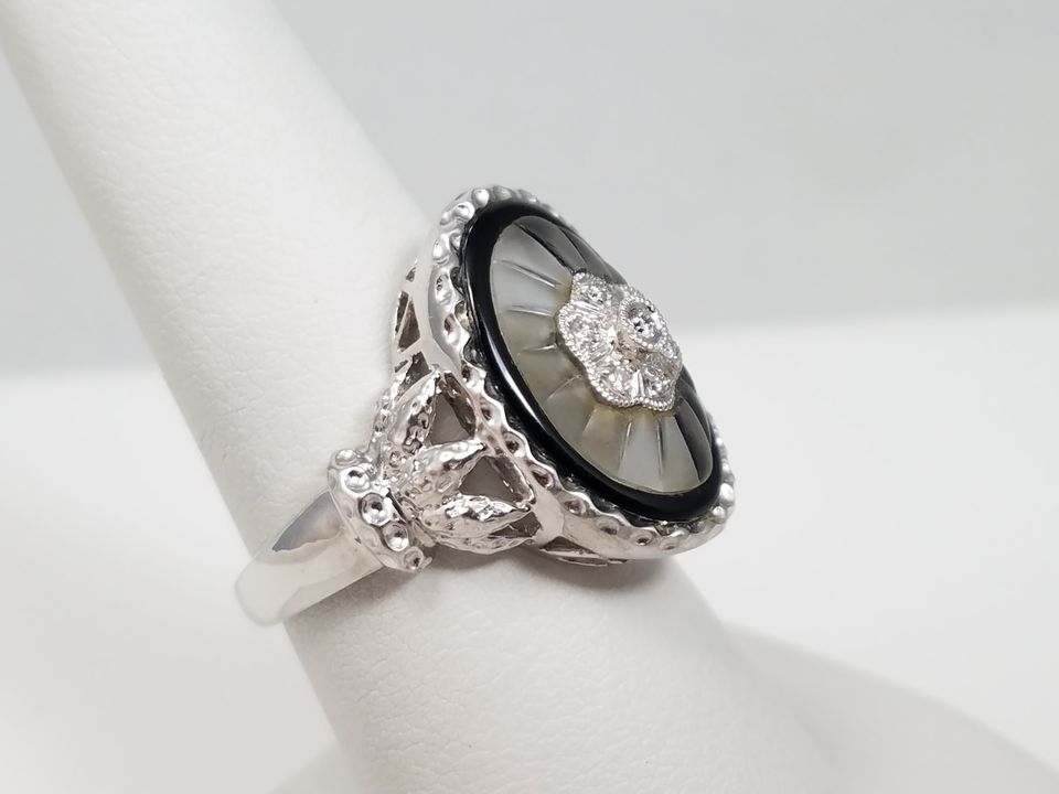 Stunning 14k White Gold Frosted Crystal Natural Onyx Diamond Custom Ring